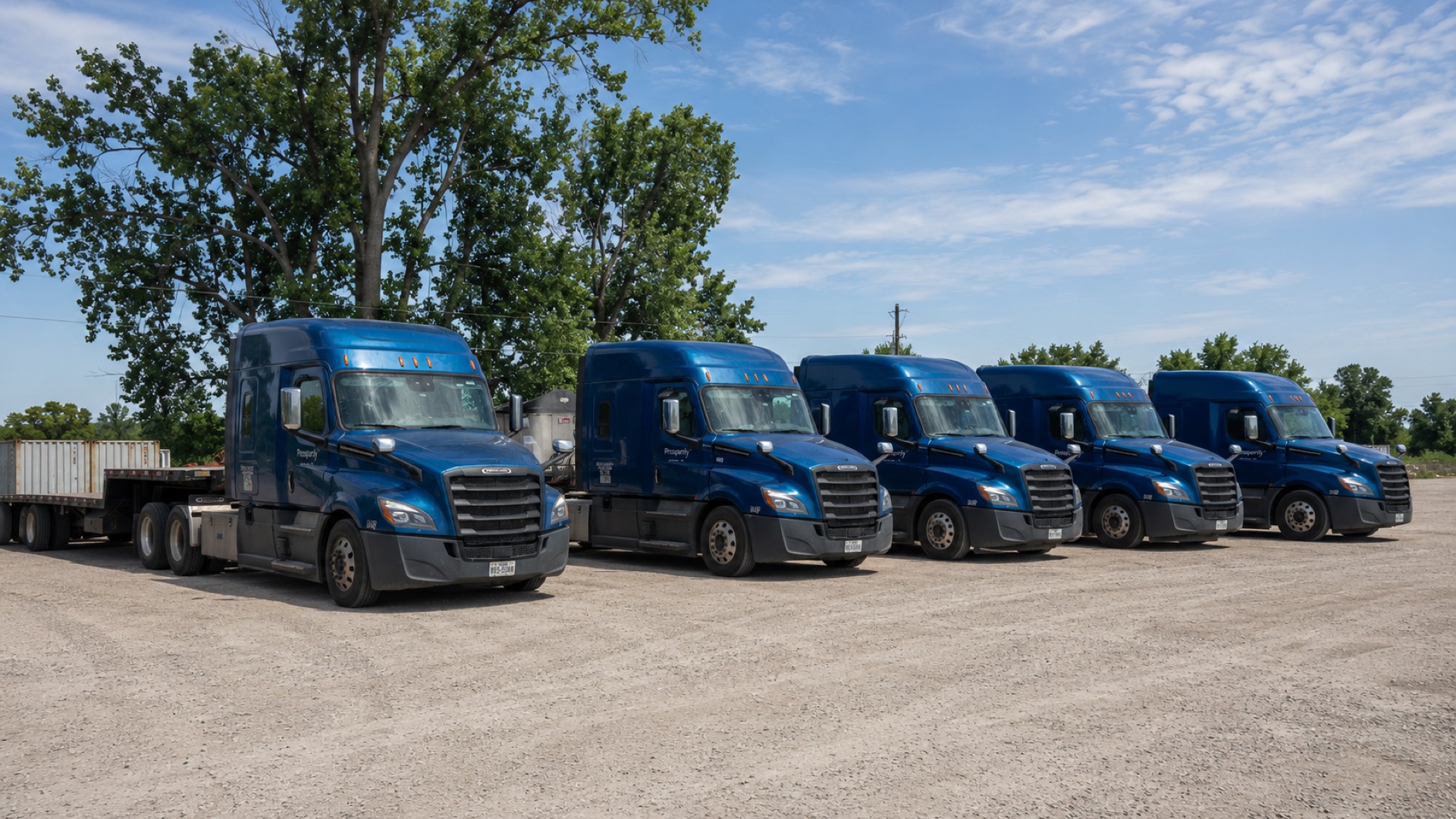 Prosperity Transportation fleet of blue flatbed trucks lined up