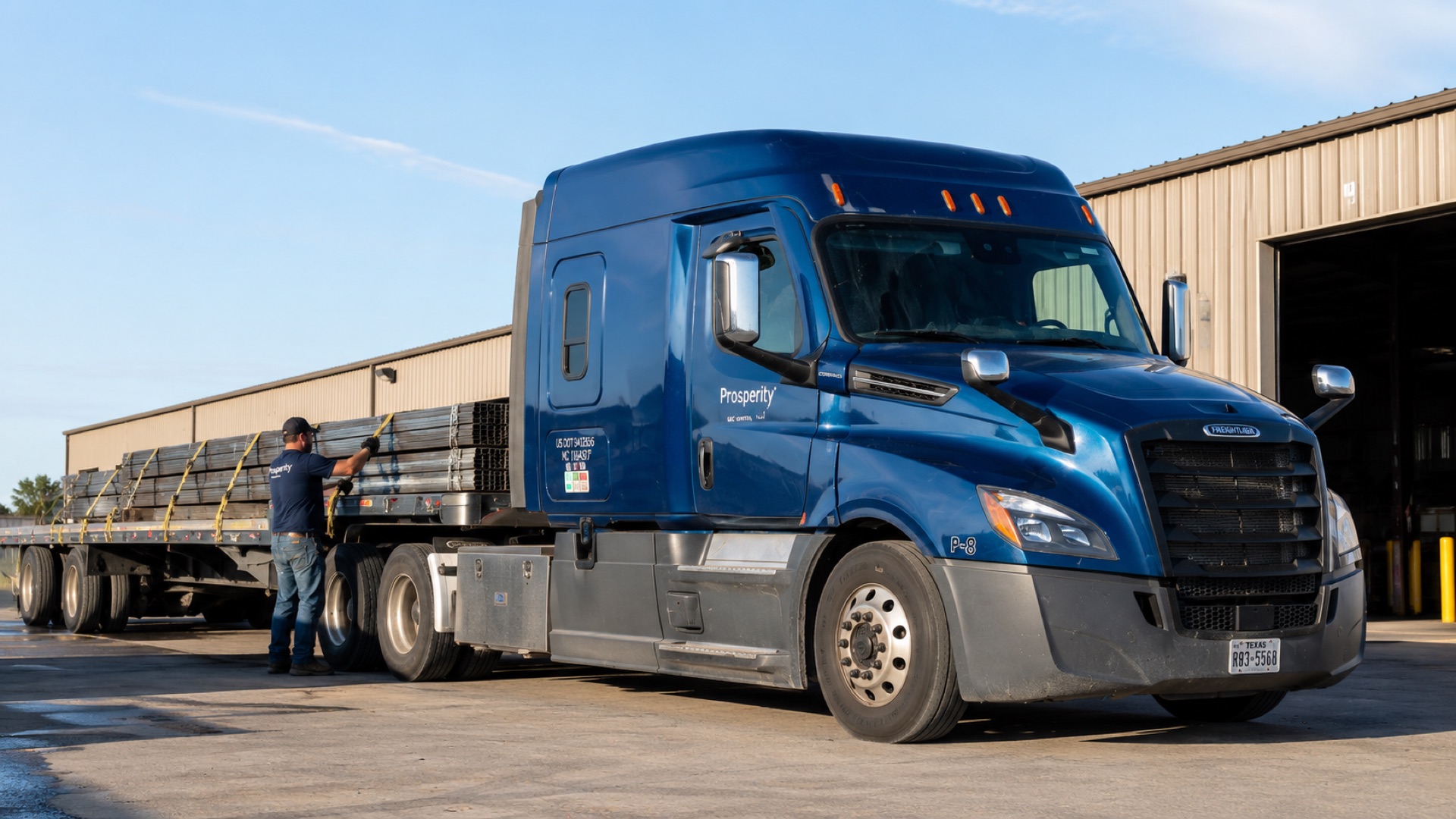 Prosperity Transportation driver securing a flatbed load of steel